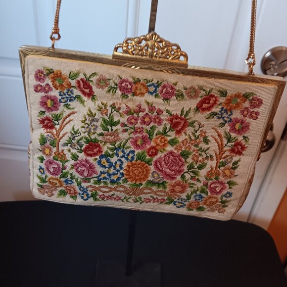 Vintage Tan FLORAL TAPESTRY Purse - Picture 4 of 6